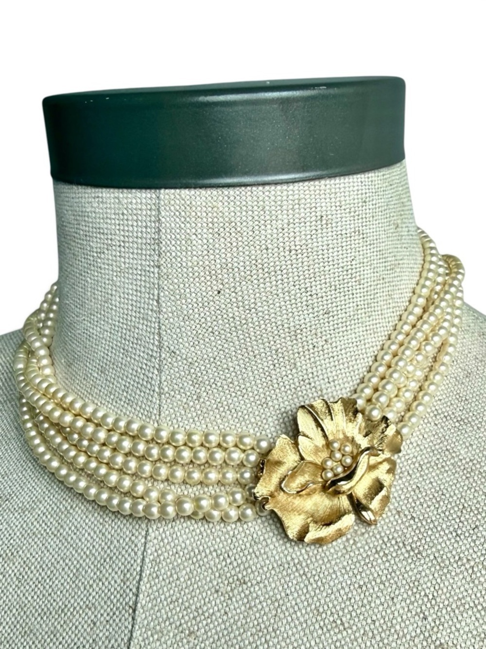 Vintage Crown Trifari Multi Strand Faux Pearl Gold Flower Clasp Necklace 1960s